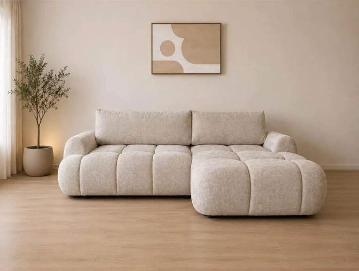 Canapé d'angle convertible Noa – Tissu beige capitonné avec coffre de rangement Canapés 1-canape-angle-convertible-noa-beige-face Oona Mobilier