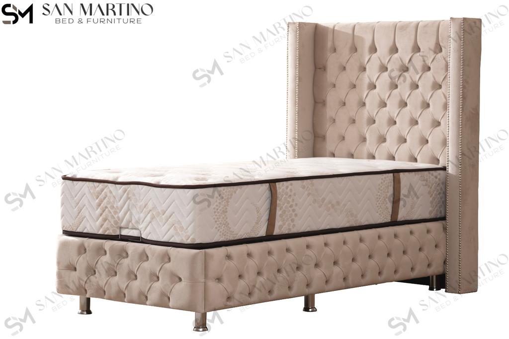 Lit coffre enfant velours beige 104 Oonamobilier