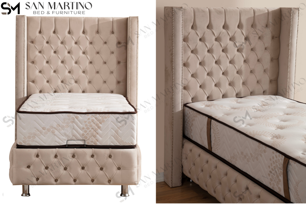Lit coffre enfant velours beige 105 Oonamobilier