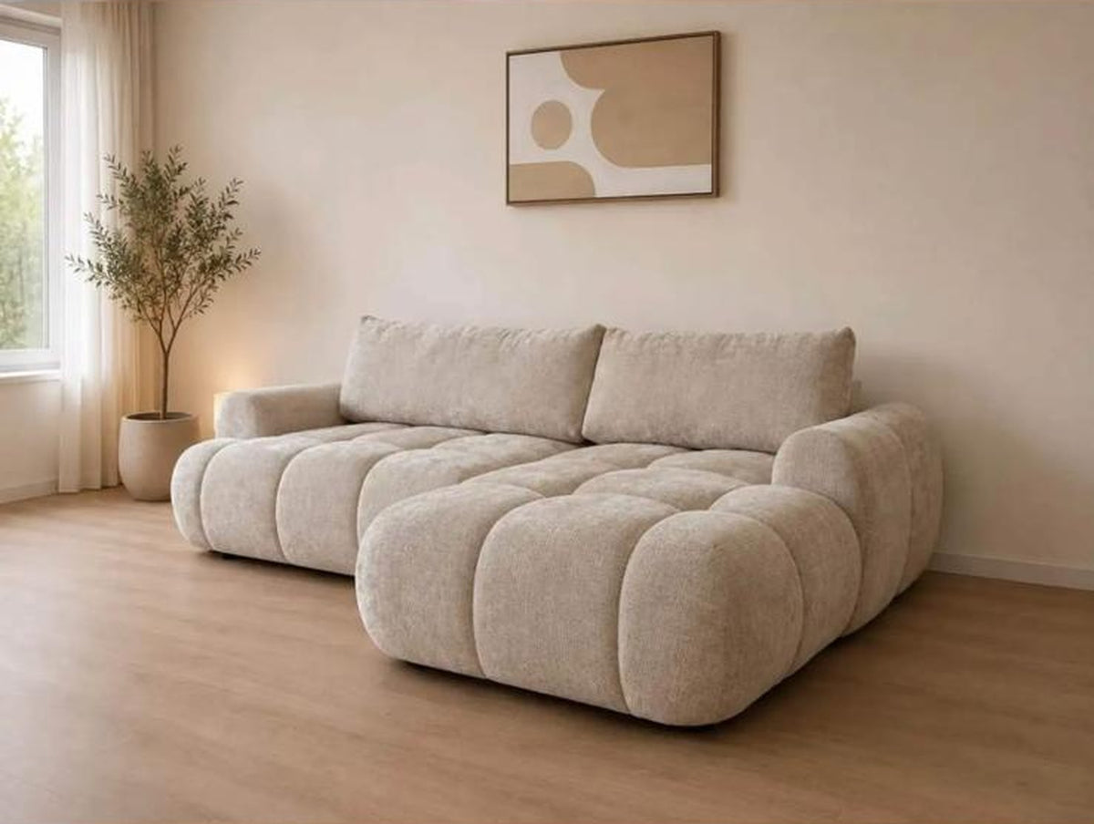Canapé d'angle convertible Noa – Tissu beige capitonné avec coffre de rangement Canapés 2-canape-angle-convertible-noa-beige-profil Oona Mobilier