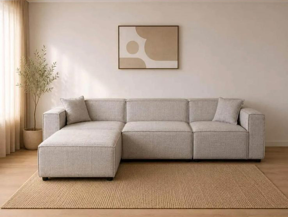 Canapé modulable Elio 3 places avec pouf – Tissu chiné beige Canapés 2-canape-modulable-emma-beige-salon Oona Mobilier