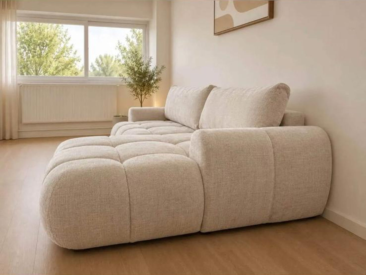 Canapé d'angle convertible Noa – Tissu beige capitonné avec coffre de rangement Canapés 3-canape-angle-convertible-noa-beige-meridienne Oona Mobilier