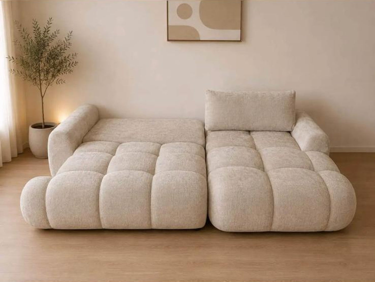 Canapé d'angle convertible Noa – Tissu beige capitonné avec coffre de rangement Canapés 4-canape-angle-convertible-noa-beige-lit-deplie Oona Mobilier