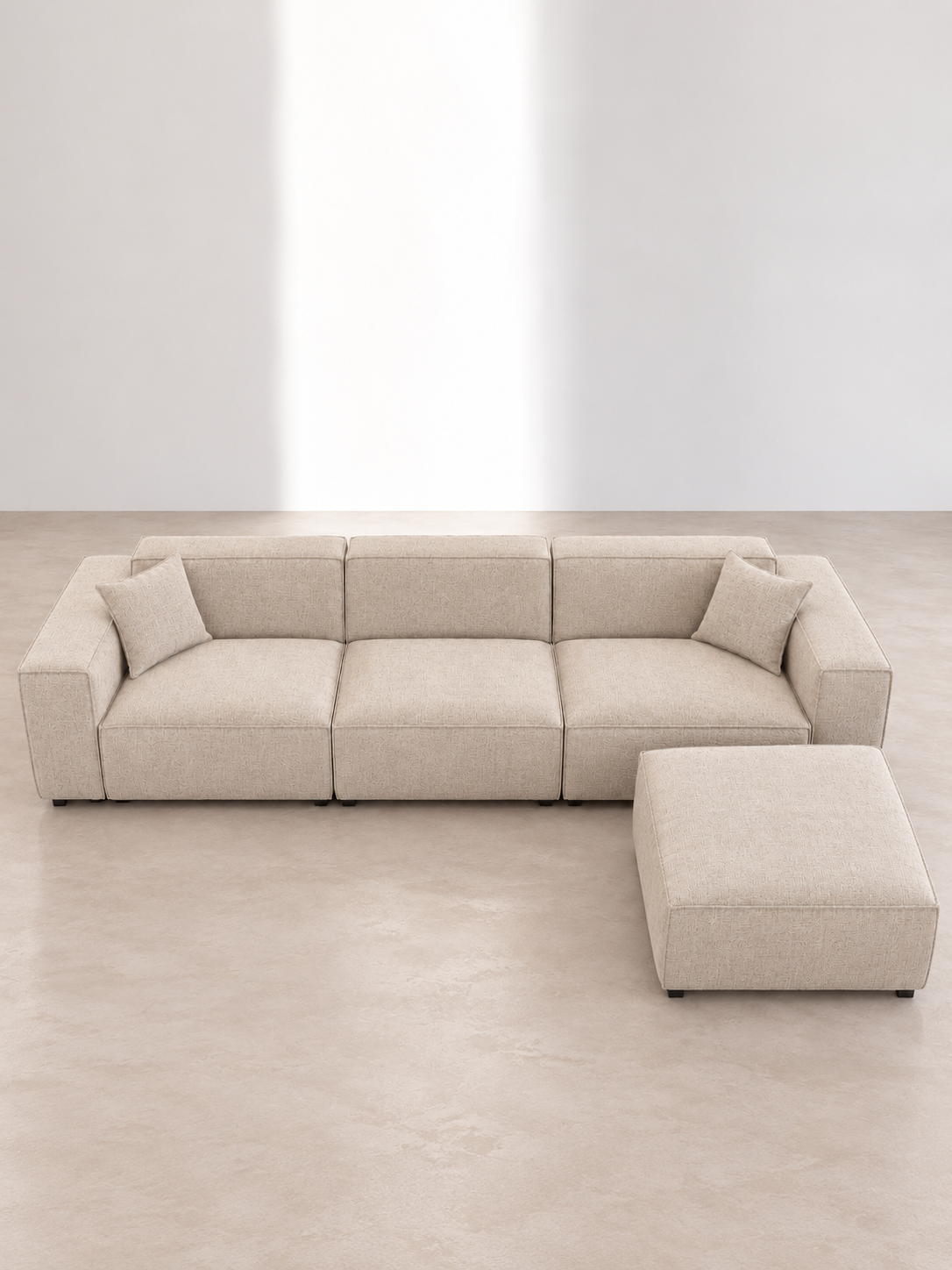 Canapé modulable Elio 3 places avec pouf – Tissu chiné beige Droit Canapés 4415C75B-9975-4B09-8D40-F17848AA39E9 Oona Mobilier