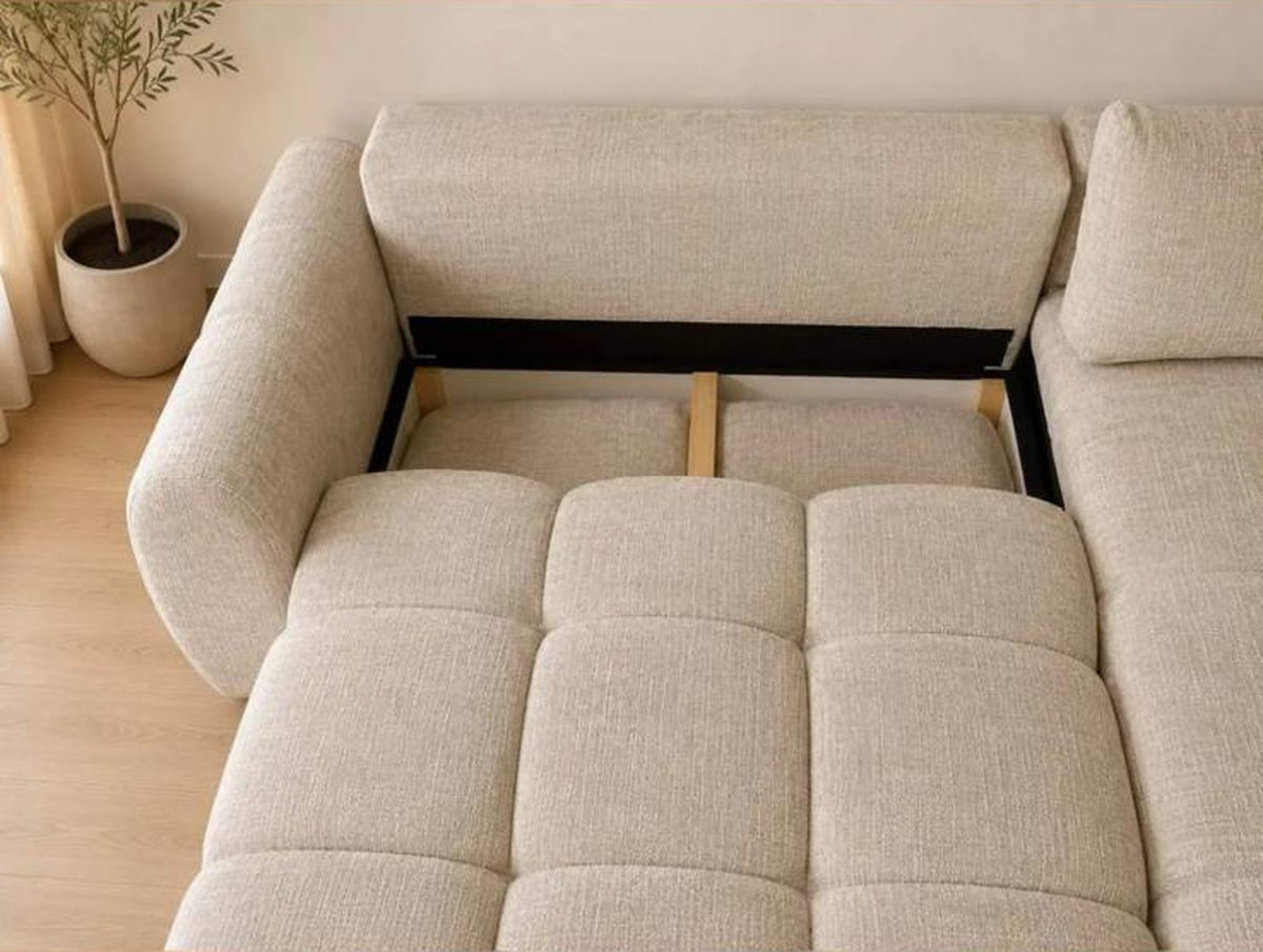 Canapé d'angle convertible Noa – Tissu beige capitonné avec coffre de rangement Canapés 5-canape-angle-convertible-noa-beige-coffre-rangement Oona Mobilier