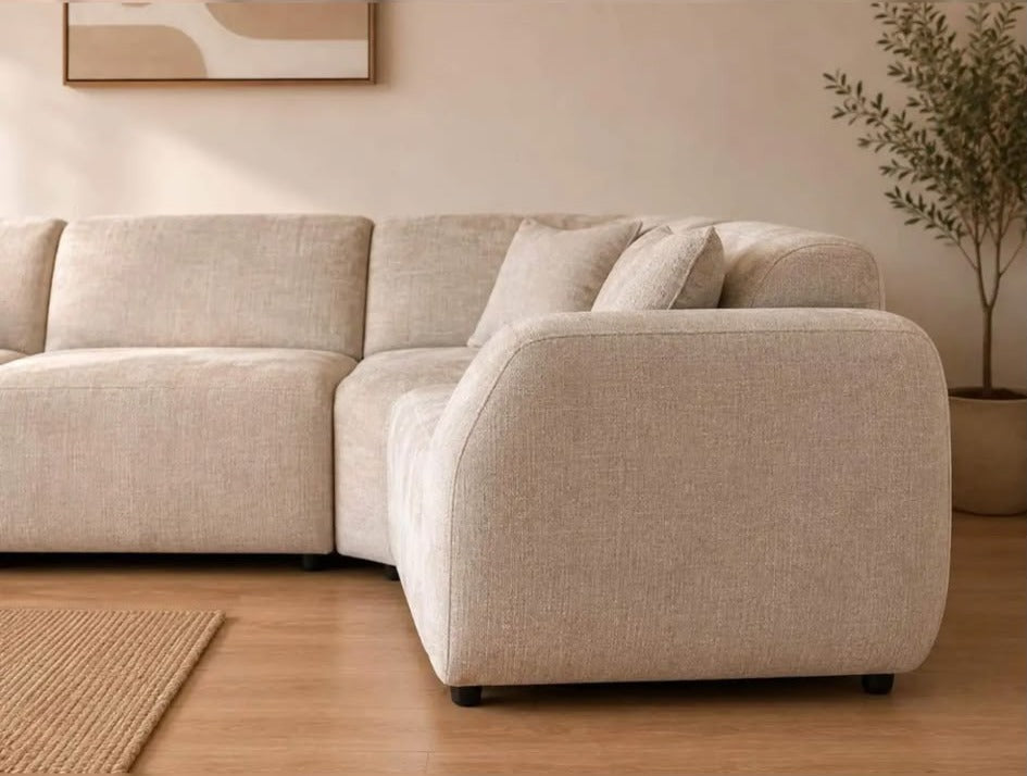 Canapé d'angle DUNE – 4 places, tissu chiné beige Marbella Canapés 5-canape-angle-dune-accoudoir-arrondi Oona Mobilier
