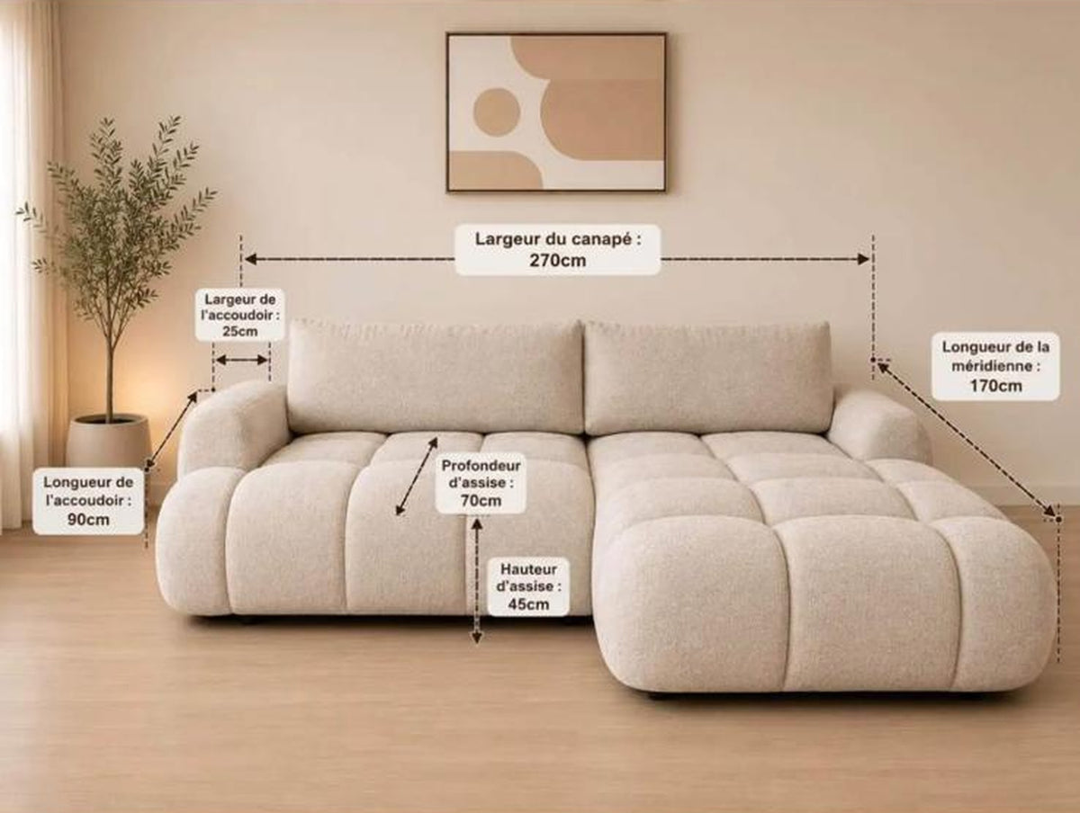 Canapé d'angle convertible Noa – Tissu beige capitonné avec coffre de rangement Canapés 6-canape-angle-convertible-noa-beige-dimensions Oona Mobilier