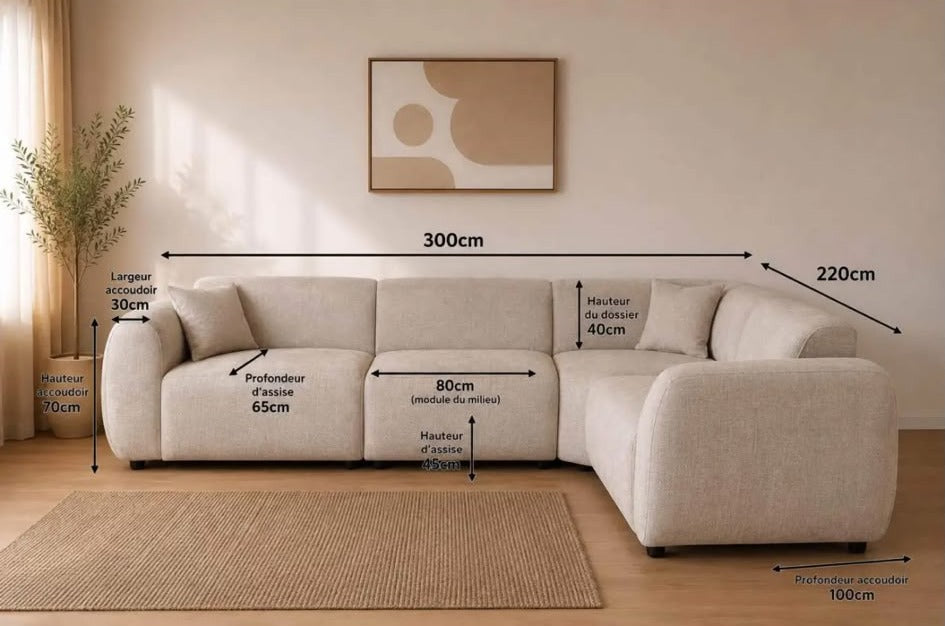 Canapé d'angle DUNE – 4 places, tissu chiné beige Marbella Canapés 6-canape-angle-dune-dimensions-300x220 Oona Mobilier