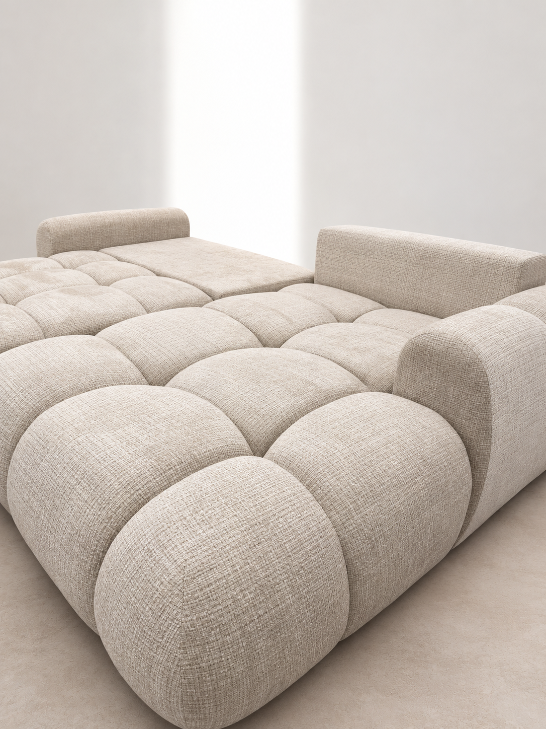 Canapé d'angle convertible Noa – Tissu beige capitonné avec coffre de rangement Canapés 789E3793-8757-4969-879E-BD445BA71722 Oona Mobilier