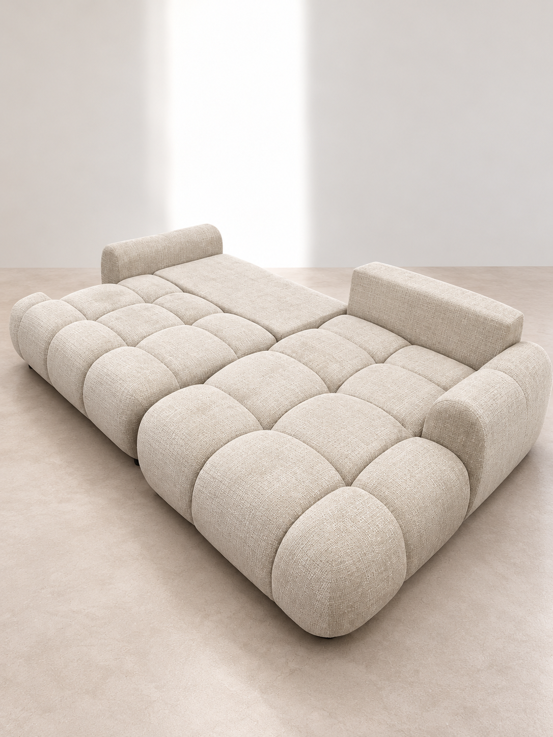 Canapé d'angle convertible Noa – Tissu beige capitonné avec coffre de rangement Canapés A3F9FCD9-7824-4BAF-8449-0E50F97DACC8 Oona Mobilier