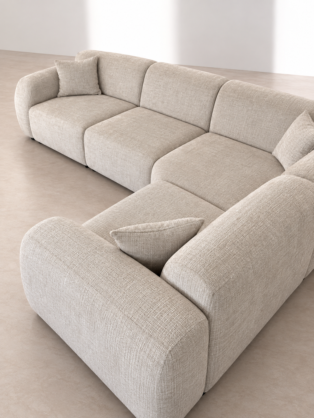 Canapé d'angle DUNE – 4 places, tissu chiné beige Marbella Canapés FFDC7759-86BB-4468-84E5-DAEFB8F04E01 Oona Mobilier